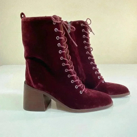 Sam Edelman Westie Brick Velvet Size 6 Chunky Heel Squared Toe Lace Up Boots - Picture 3 of 10